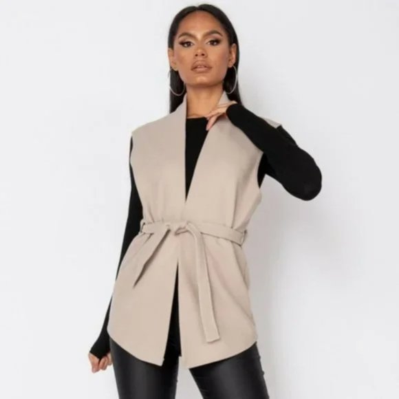 Jackets & Blazers - Beige Wool Blend Sleeveless Belted Vest Blazer Jacket